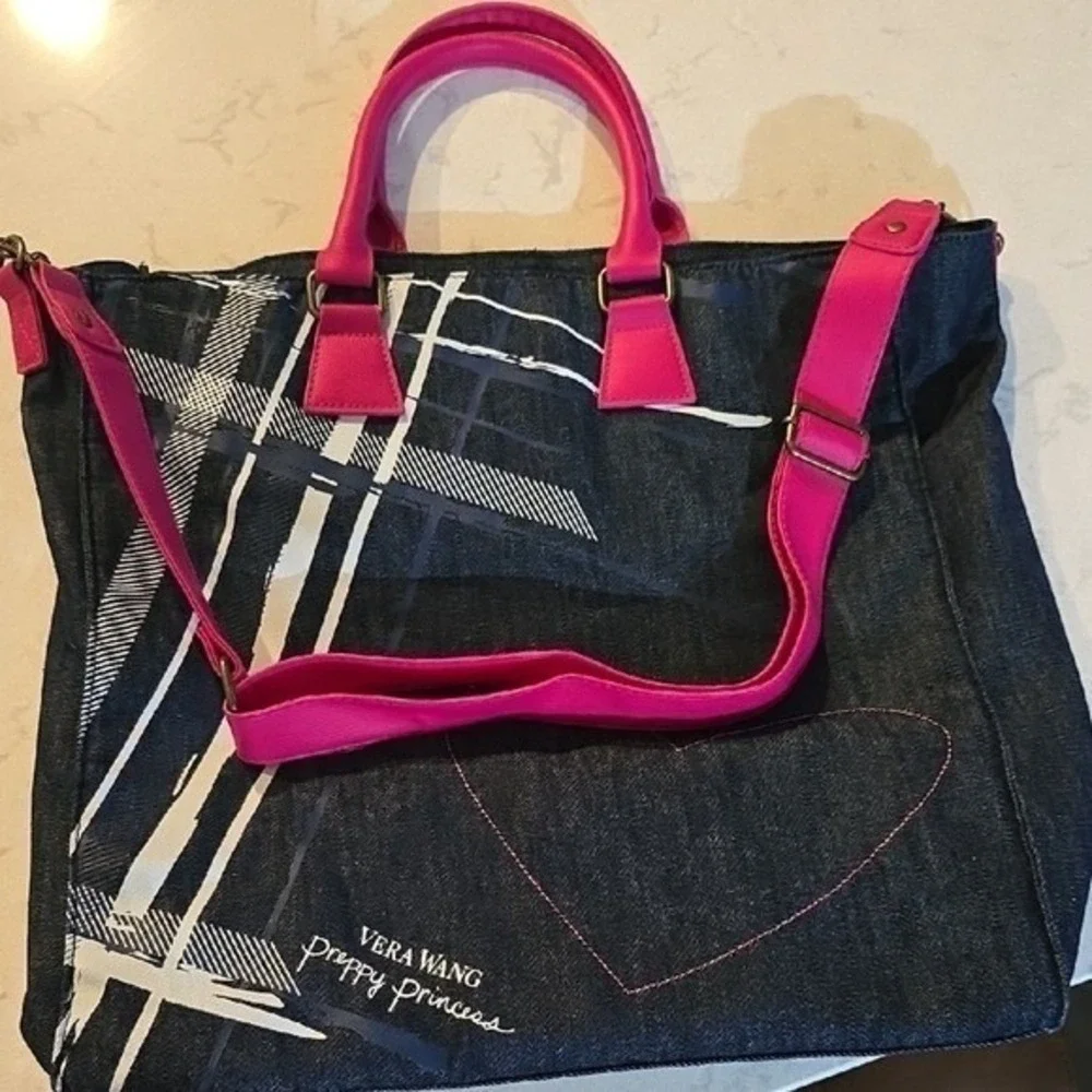 Vera Wang Preppy Princess Denim Tote Bag Pink Heart Crossbody Dark Wash Blue